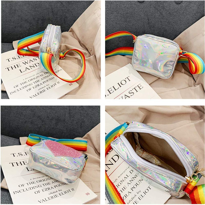JienClound Trendy Girls Purse Sequin Heart Rainbow Shoulder Strap Crossbody Bags Handbag for Little Girls (Silver) - Image 2